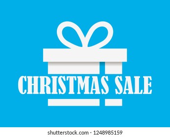 Christmas sale banner with gift box on blue background. Special offer. Poster for advertisements, festive design. Vector illustration