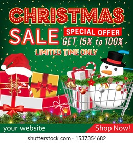christmas sale banner with gift box and cart