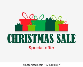 Christmas sale banner with gift boxes isolated on white background. Special offer. Vector illustration