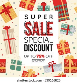 Christmas sale banner with gift boxes vector illustration