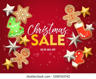 Christmas sale banner with ginger bread on red ground. Lettering can be used for invitations, post cards, announcements