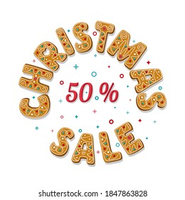 Christmas sale banner with gingerbread cookies. Gingerbread letters on white background. Vector illustration.