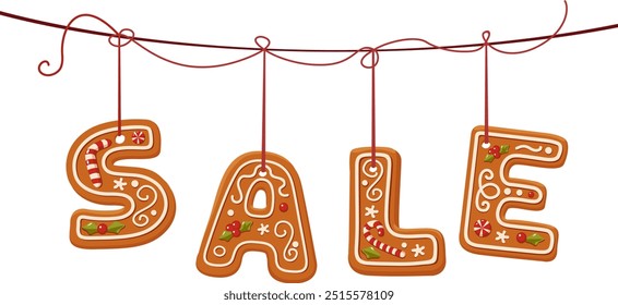 Banner de venda de Natal com letras em forma de gengibre. Modelo de cabeçalho de campanha Xmas com elementos festivos. Cartaz promocional ou banner da Web. Vetor plano isolado 