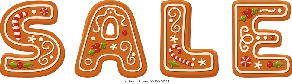 Navidades venta Anuncio con letras en forma de pan de jengibre. Plantilla de encabezado de campaña de Navidad con Elementos festivos. Cartel de promoción o Anuncio de Web. Vector plano aislado 