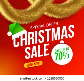 Christmas Sale banner with gold furry tinsel and green elf hat on red background for special offers, sales and discounts. 70% off