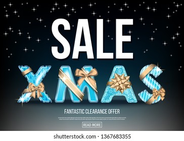 Christmas sale banner with golden and blue decorative letters with  gold gift bow, ribbon  and  starry sky. Xmas text on black background. Winter holiday special offer. Vector template.