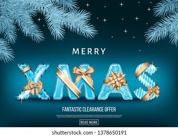 Christmas sale banner with golden and blue decorative letters with  gold gift bow, ribbon  and  fir branch. Xmas background. Winter holiday special offer. Vector template.