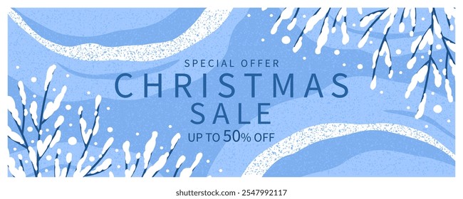 Banner de venda de Natal. Saudação fundo horizontal bonito para férias de inverno. Ilustração vetorial para capa, publicidade, vendas.
