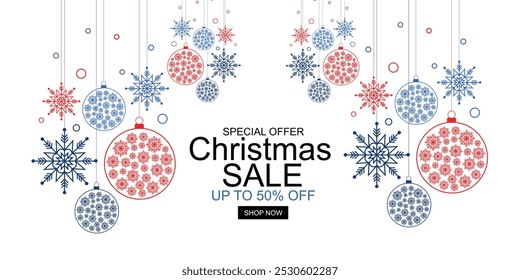 Christmas sale banner with hanging Christmas Ornament and snowflakes