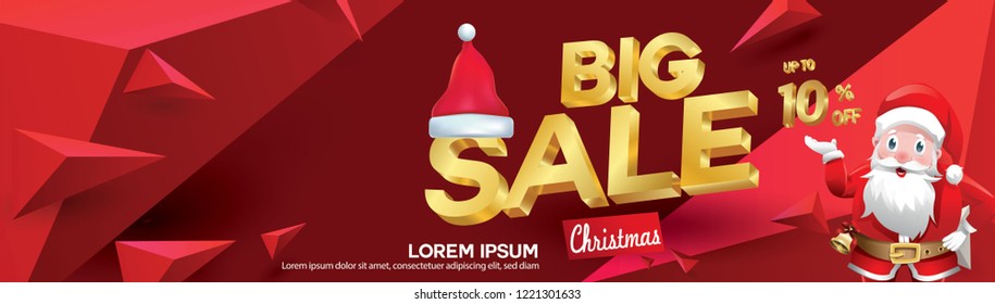Christmas Sale banner with hat Santa Claus and geometric concept design. Vector illustration