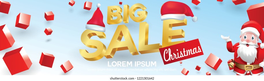 Christmas Sale banner with hat Santa Claus and geometric concept design. Vector illustration