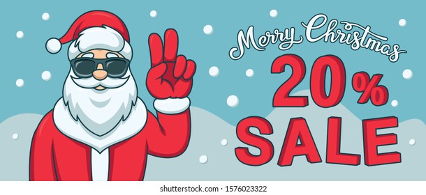 Christmas sale banner with hipster Santa Claus. 20 percent offer. New Year holiday background. Fashion silhouette with cool beard and glasses. Funny cartoon, character. Christmas poster or flyer. 2020