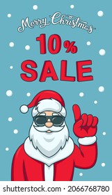 Christmas sale banner with hipster Santa Claus. 10 percent offer. New Year holiday background. Fashion silhouette with cool beard and glasses. Funny cartoon, character. Christmas poster or flyer. 2020