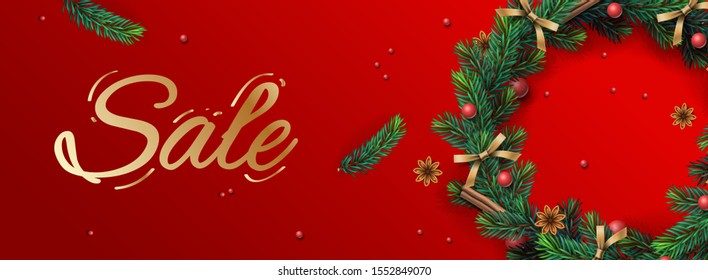 Christmas Sale banner. Holiday horizontal background, header for website. Xmas background, design with realistic Christmas wreath, vector illustration
