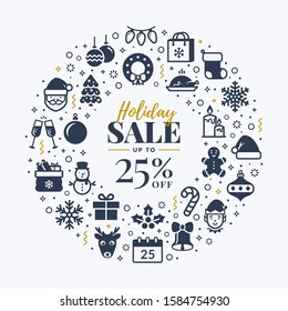 Christmas sale banner with holidays icons. Vector white background with isolated black symbols for Christmas and New Year discounts.