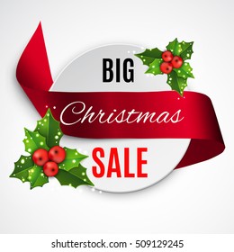 Christmas sale banner with holly berries and satin ribbon.