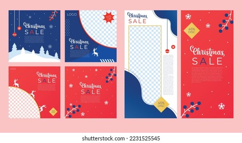 Christmas sale banner icon set for social media post. cute colorful vector illustration, red background.