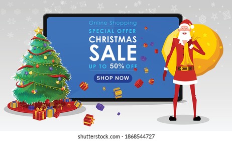 Christmas sale banner illustration with Santa Claus showing Christmas gifts offer mobile phone and tablet. Online business discount template.