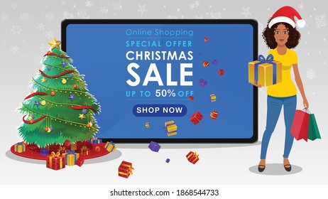 Christmas sale banner illustration with Santa girl showing Christmas gifts offer mobile phone and tablet. Online business discount template.