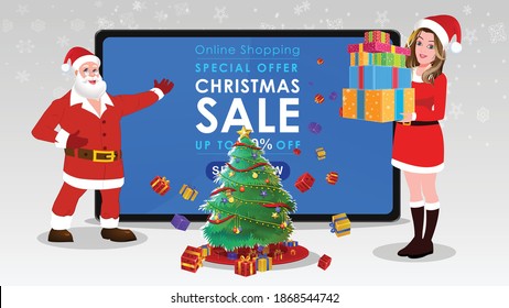Christmas sale banner illustration with Santa Claus And Santa Gir showing Christmas gifts offer mobile phone and tablet. Online business discount template.