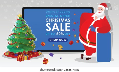 Christmas sale banner illustration with Santa Claus showing Christmas gifts offer mobile phone and tablet. Online business discount template.