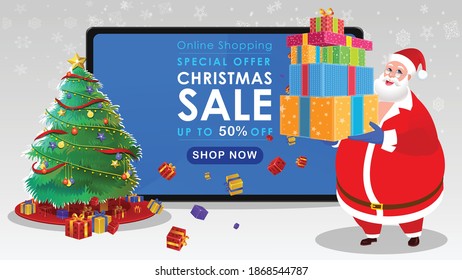 Christmas sale banner illustration with Santa Claus showing Christmas gifts offer mobile phone and tablet. Online business discount template.