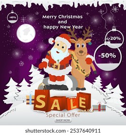 Christmas sale banner inscription in the form of packages in a snowy clearing, Santa Claus hugs a deer