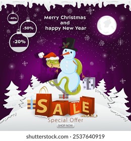 A Christmas sale banner with an inscription in the form of packages in a snowy clearing, A snake in a Santa hat wraps around a snowman