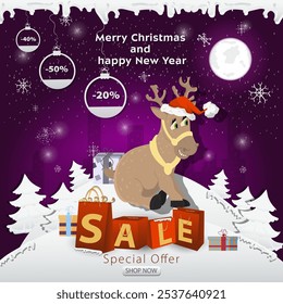 A Christmas sale banner with an inscription in the form of packages in a snowy clearing, a deer in a Santa Claus hat