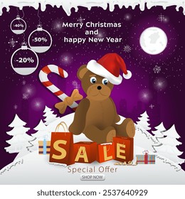 A Christmas sale banner with an inscription in the form of packages in a snowy clearing, a teddy bear toy in a Santa Claus hat