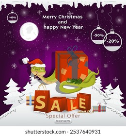 A Christmas sale banner with an inscription in the form of packages in a snowy clearing, a snake in a Santa hat wraps around a gift box