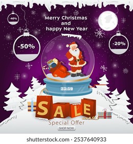 A Christmas sale banner with an inscription in the form of packages in a snowy clearing, a glass ball with Santa Claus inside