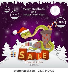 A Christmas sale banner with an inscription in the form of packages in a snowy clearing, A snake in a Santa hat crawls out of a sock for gifts