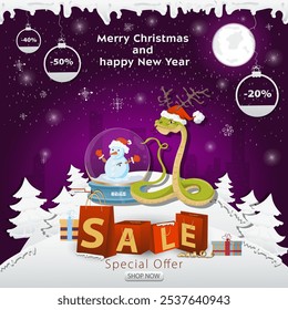 A Christmas sale banner with an inscription in the form of packages in a snowy clearing, a snake in a Santa hat next to a glass ball