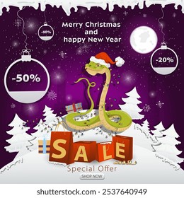 A Christmas sale banner with an inscription in the form of packages in a snowy clearing, a snake in a Santa hat wrapped in a garland