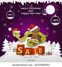 A Christmas sale banner with an inscription in the form of packages in a snowy clearing, A snake in a Santa hat wraps around a bear toy