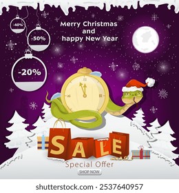 A Christmas sale banner with an inscription in the form of packages in a snowy clearing, A snake in a Santa hat wraps around a watch