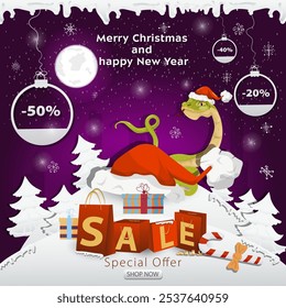 A Christmas sale banner with an inscription in the form of packages in a snowy clearing, a snake peeks out from behind Santas big hat