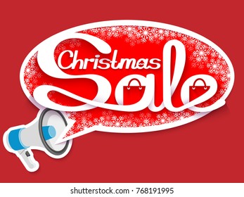 Christmas Sale banner with loudspeaker and calligraphic inscription in comic speech bubble. Vector illustration made in paper cut out style.