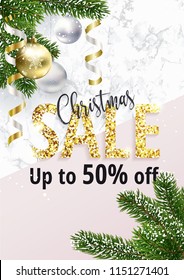 The Christmas sale banner. Marble and gold. Discounts up to 50 percent. White Banner for website or advertising flyer. Realistic vector. Gold sequins and pink. Festive new year design template. EPS10.