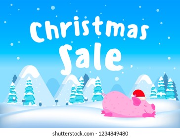 Christmas sale banner. Merry fat pigs with a gift boxes on the Christmas winter landscape 