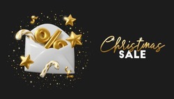 Christmas Sale Banner On Black Background. Vector 3d Gold And White Discount Email. New Year Shopping Newsletter Render Illustration.