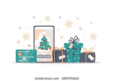 Christmas sale banner, online shopping using a smartphone, vector illustration in flat style