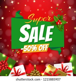 Christmas Sale Banner With Origami With Gradient Mesh, Vector Illustration