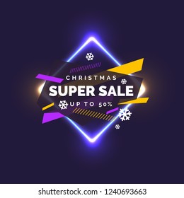 Christmas sale banner. Original poster for discount. Geometric shapes and neon glow against a dark background. Vector illustration