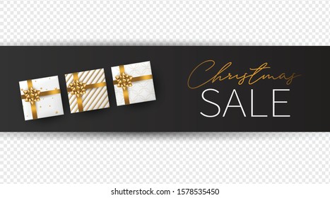 Christmas sale banner or overlay graphics with transparency. Xmas design concept. Realistic holiday presents with golden ribbon and bow. Vector illustration.