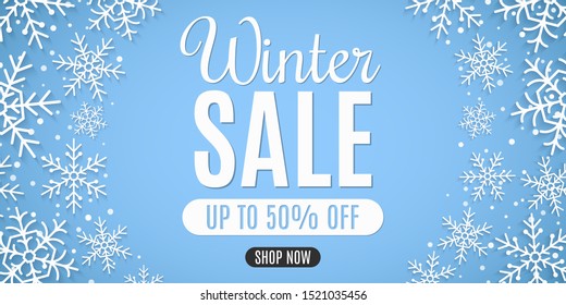 Christmas sale banner. Paper snowflakes with snow dust. Stylish lettering. Seasonal xmas shopping. Vector illustration. EPS 10