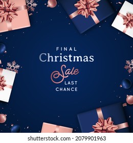 Christmas Sale banner. Pattern with realistic gift boxes, balls and snowflakes. Luxury vector design. Concept for winter discounts.