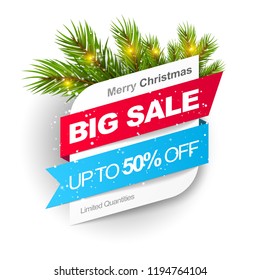 Christmas sale banner with pine branches and snowfall. Big Sale. Save up to 50% off. Vector illustration.