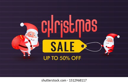 Christmas Sale banner or poster design with 50% discount offer and illustration of two santa claus on purple striped background.